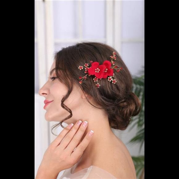 Sither Red Hair Clip for Bridal Floral Hair Comb for Women Wedding Hair